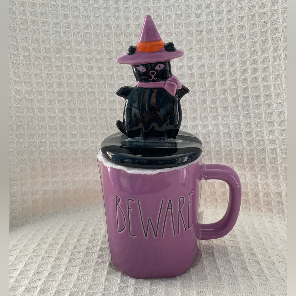 Rae Dunn Purple Beware Halloween Mug With Black Cat Lid NWOT